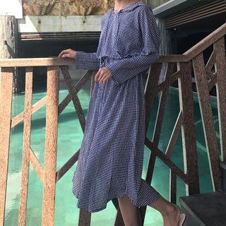 Gingham Hooded Long-sleeve A-line Midi Dress