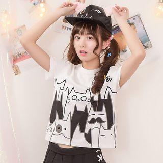 Cat Print Cropped Short Sleeve T-shirt