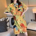 Printed Short-sleeve Midi Dress As Shown In Figure - One Size
