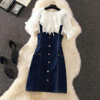 Elbow-sleeve Top / Denim Jumper Dress / Set
