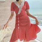 Short-sleeve Lace Trim Print Midi Dress