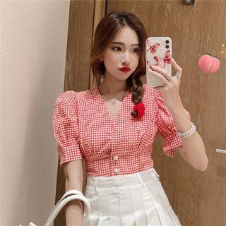 Bubble Sleeve V-neck Check Cropped Blouse