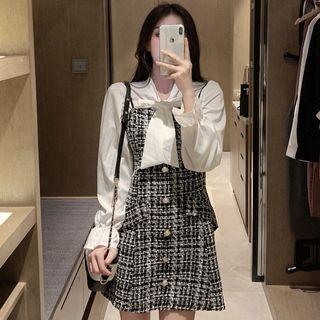 Tie-neck Blouse / Tweed Mini A-line Pinafore Dress
