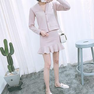 Set: V-neck Cardigan + Frilled-hem Skirt