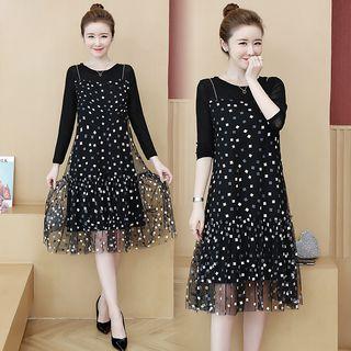 Mock Two-piece Long-sleeve Midi Dotted Mesh Dress