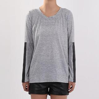 Faux Leather Panel Long-sleeve Top