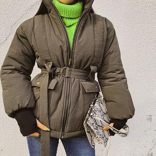 Flap-pocket Padded Jacket With Belt