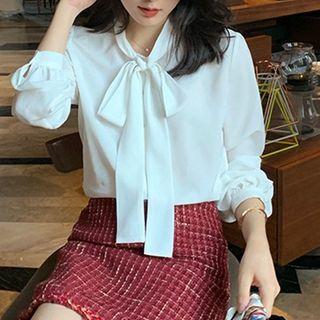 Long-sleeve Ribbon-neckline Plain Loose Fit Blouse