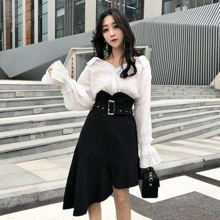Set: High-waist Irregular Midi Skirt + Belt
