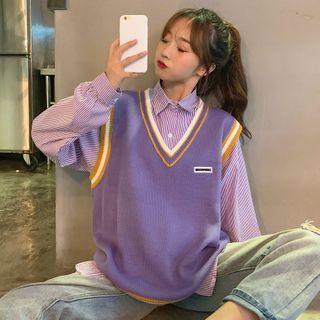 Long-sleeve Striped Shirt / Contrast Trim V-neck Knit Vest