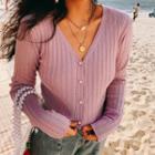 Beaded Botton V-neck Cardigan Purple - One Size