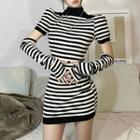 Set: Short-sleeve Striped Knit Mini Bodycon Dress + Arm Sleeves
