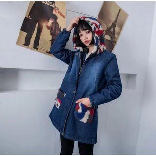 Fleece Panel Hooded Zip-up Denim Coat