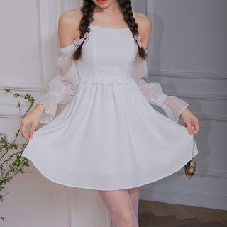 Cold-shoulder Plain A-line Mini Dress White - One Size