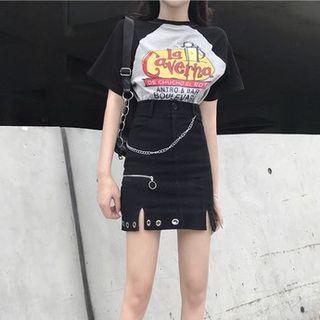 Short-sleeve Lettering Raglan T-shirt Gray - One Size