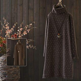 Mock Neck Long-sleeve Printed A-line Dress