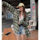 Long-sleeve Plaid Loose-fit Shirt Green - One Size