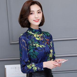 Flower Print Mock-neck Lace Blouse