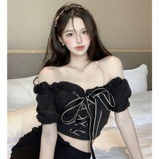 Off-shoulder Ruffle-trim Lace-up Crop Top
