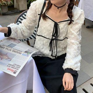 Long-sleeve Textured Tie-front Blouse White - One Size