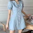 Short-sleeve Frill Trim A-line Mini Dress Blue - One Size