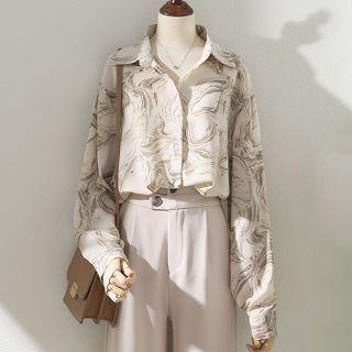 Long-sleeve Printed Shirt Khaki - One Size