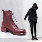 Faux Leather Lace Up Block Heel Booties