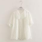 Plain Floral Embroidery Collar T-shirt White - One Size