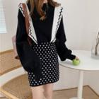 High-waist Dotted Mini Skirt + Color-block Round-neck Top Set Of Two - Black - One Size