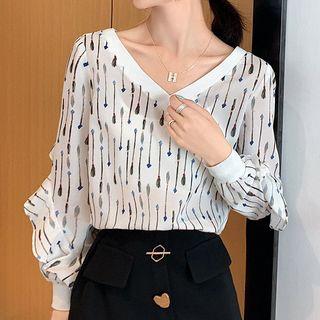 V-neck Printed Ruffled Chiffon Top