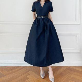 Short-sleeve V-neck Maxi A-line Dress With Belt