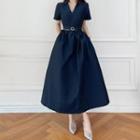 Short-sleeve V-neck Maxi A-line Dress With Belt