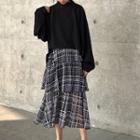 Mock-neck Pullover / Plaid Midi Layered Skirt