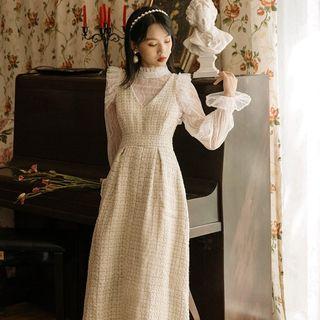 Set: Long-sleeve Lace Top + Plaid Midi Pinafore Dress