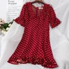 Dotted Ruffled Elbow-sleeve A-line Dress