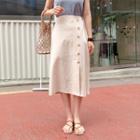 Band-waist Button-front Linen Blend Skirt