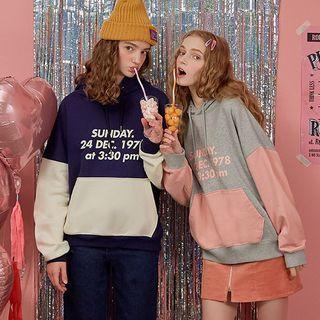 Letter-printed Two-tone Oversized Hoodie Navy Blue - One Size