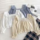 Plain Square-neck Lace-trim Long-sleeve Blouse