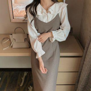 Double Layered Collar Blouse / Spaghetti Strap Plain A-line Dress