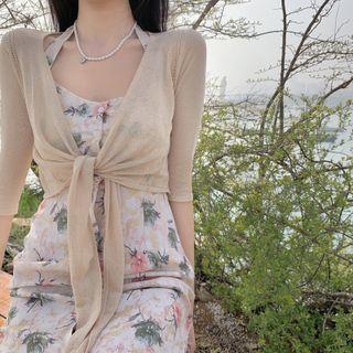 Sleeveless Halter Floral Print Maxi Sheath Dress / Cardigan