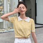 Buttoned Checked Short-sleeve Knit Top