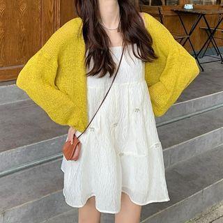 Ruched Spaghetti-strap Dress / Long-sleeve Plain Knit Cardigan
