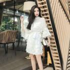 Bell-sleeve Feather Minidress With Sash