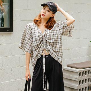 Drawstring-front Textured Plaid Top