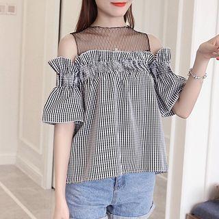 Mesh Panel Cold Shoulder Striped Elbow-sleeve Blouse