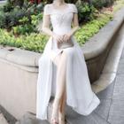 Short-sleeve Cold Shoulder Floral Midi Dress