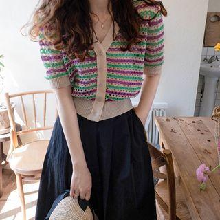 Short-sleeve Stripe Open Knit Cardigan