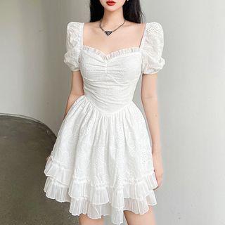 Puff-sleeve Ruffle Trim Jacquard Mini A-line Dress
