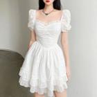 Puff-sleeve Ruffle Trim Jacquard Mini A-line Dress