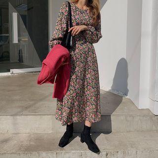 Tie-waist A-line Long Floral Dress Black - One Size